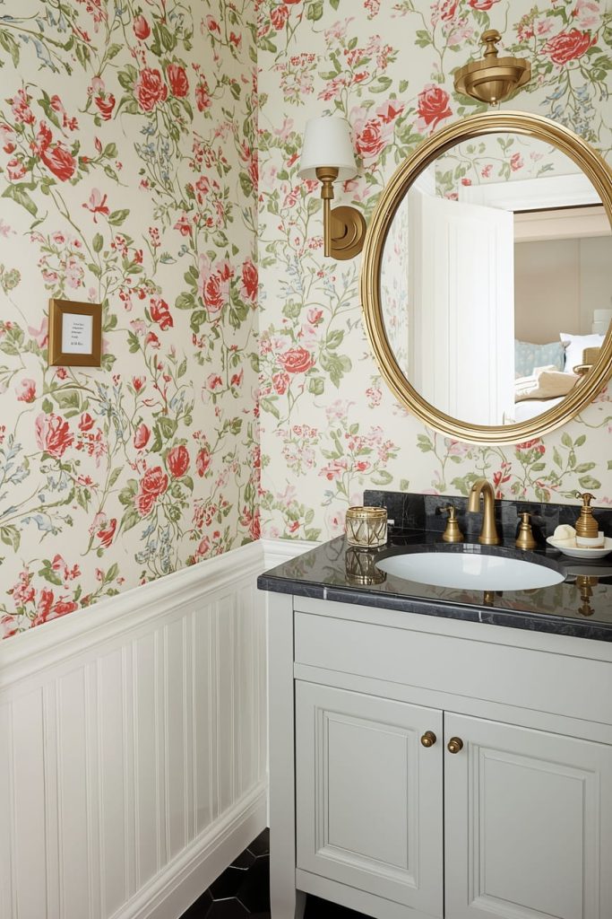 Elegant Vintage Powder Room with Layered Lighting