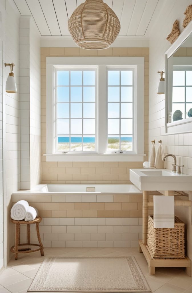 Accent hexagon backsplashCoastal Hexagon Tile Bathroom