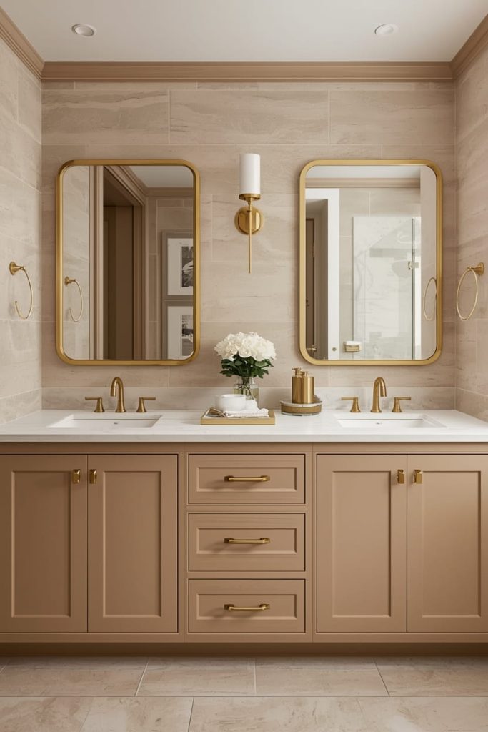 Beige Subway Tile Bathroom with White Vanity