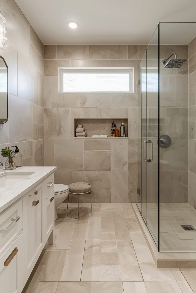 Beige Tile Bathroom with Wood Accents