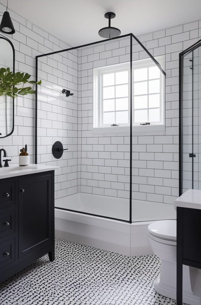 Black and White Herringbone Tile Bathroom (Elegant Pattern)