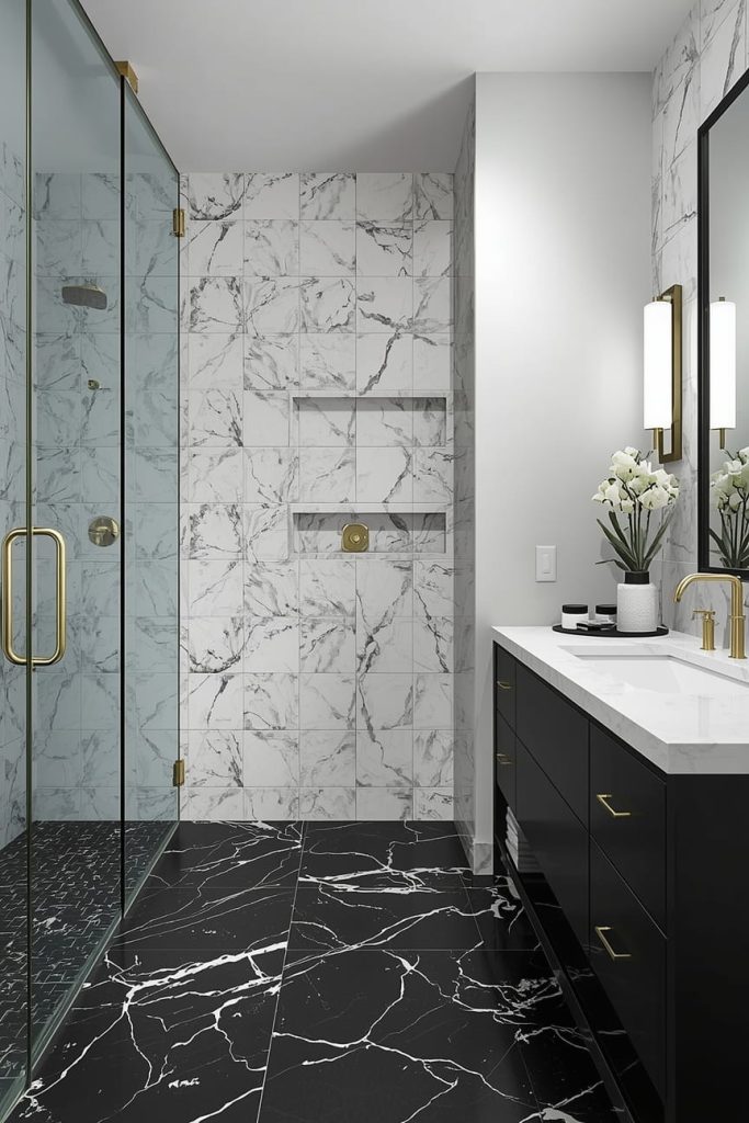 Black and White Large Format Tile Bathroom (Modern Minimalist)