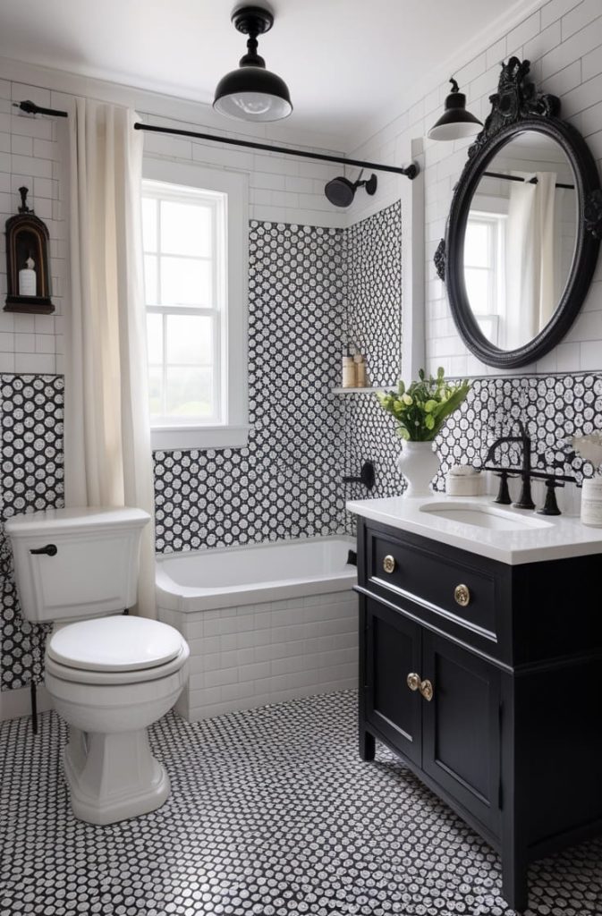 Black and White Patterned Floor Tile Bathroom (Statement Floor)