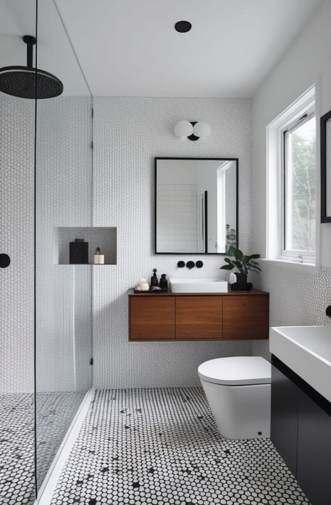 Black and White Shower Tile Bathroom (Modern Contrast)