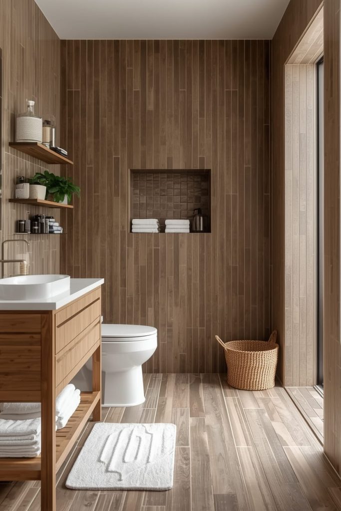 Brown Tile Bathroom with Wood Accents