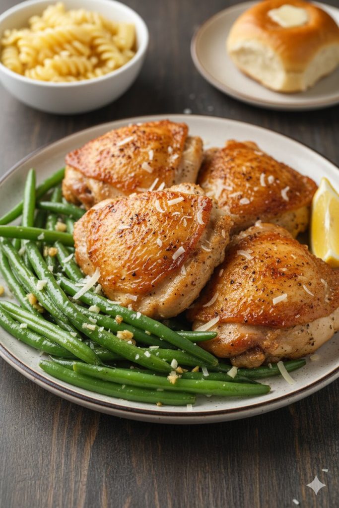 Crispy Air Fryer Chicken Thighs with Garlic Green Beans