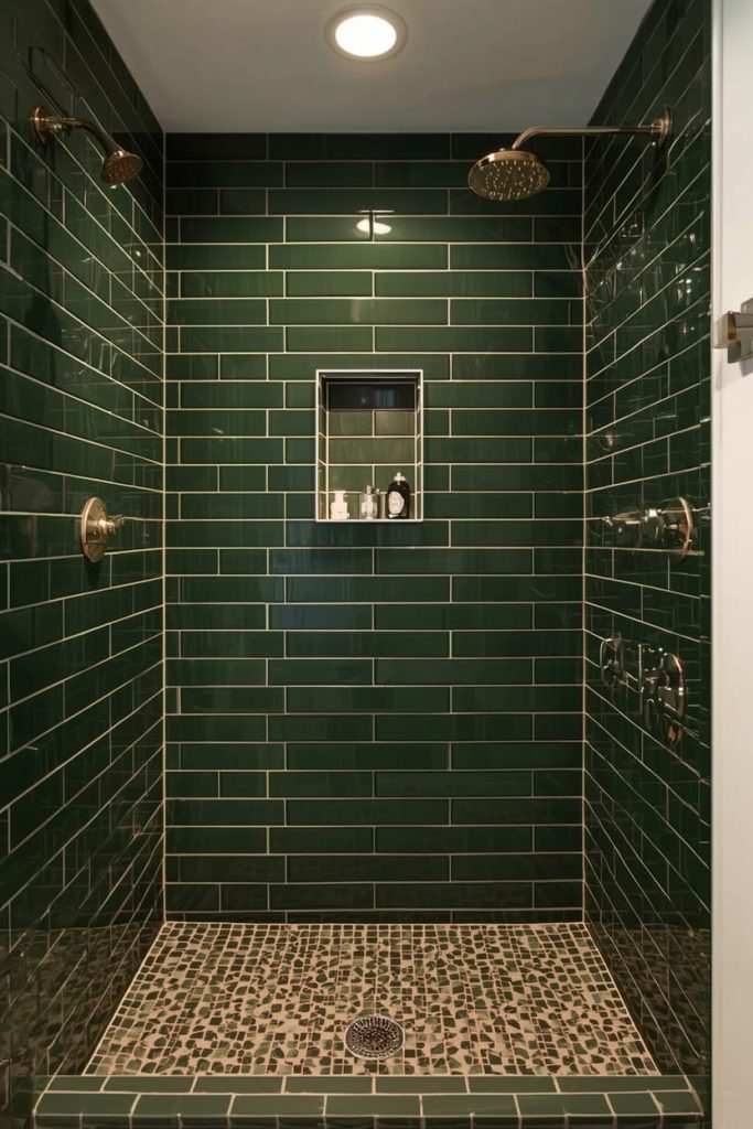 Dark Green Tile Bathroom with Gold Fixtures