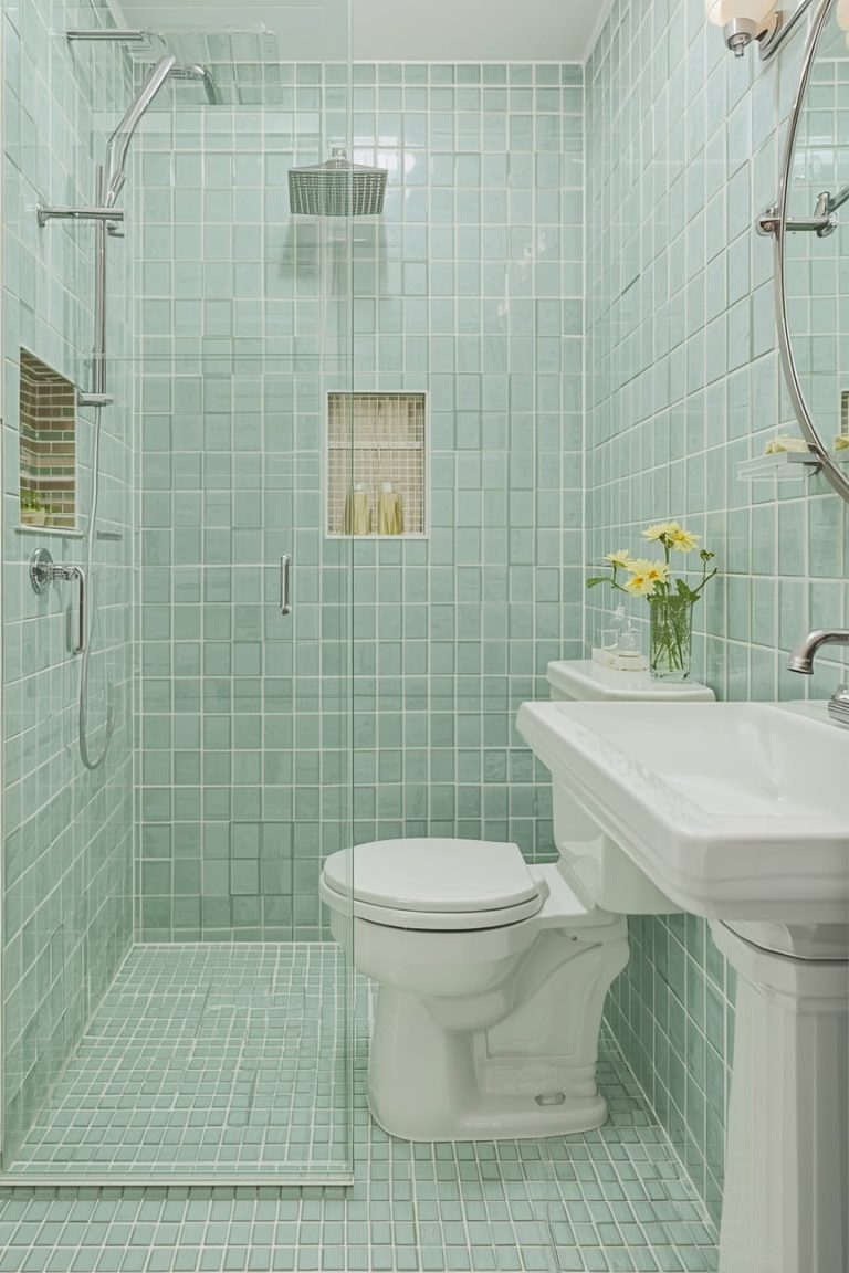 Green Penny Tile Bathroom Floor