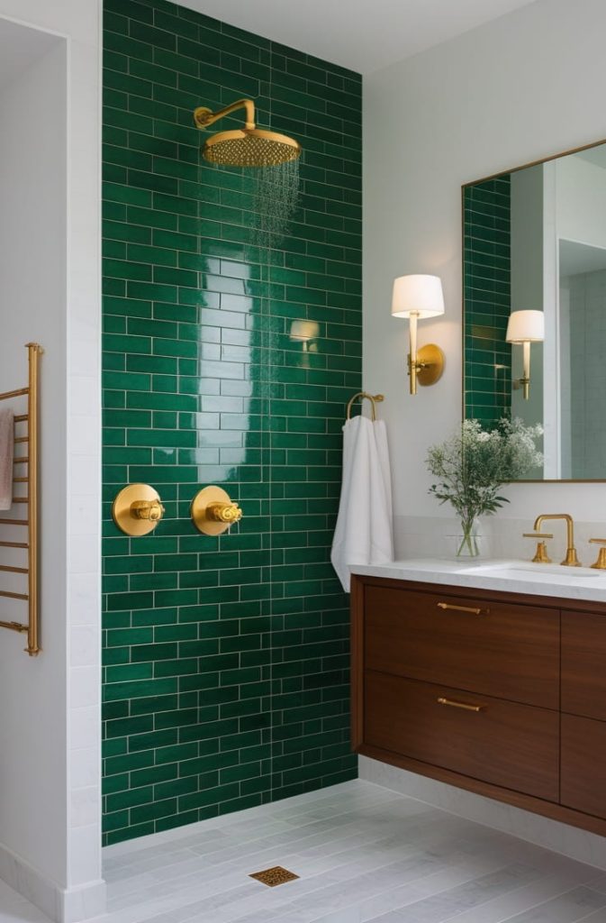 Green Tile Bathroom with White and Wood