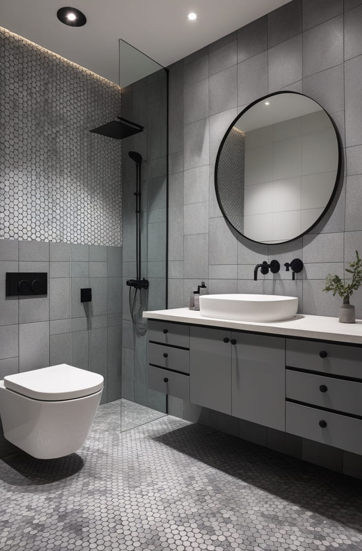 Grey Hexagon Tile Bathroom Design