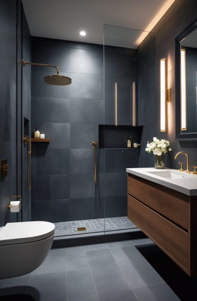  Grey Tile Bathroom with Gold Accents