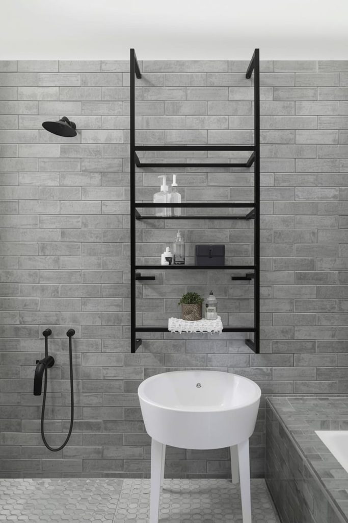 Grey Tile Bathroom with Wooden Vanity