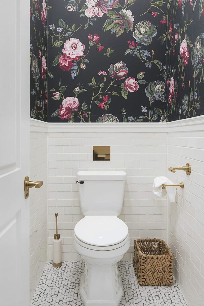  Half Wall Tile Bathroom with Wallpaper Above