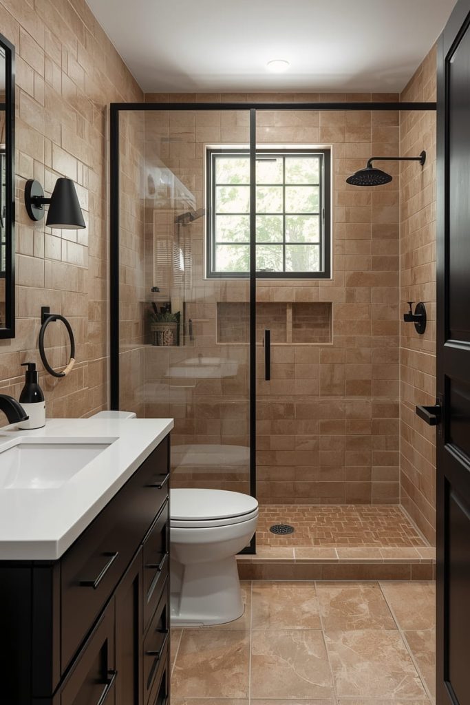 Minimalist Tan Tile Bathroom