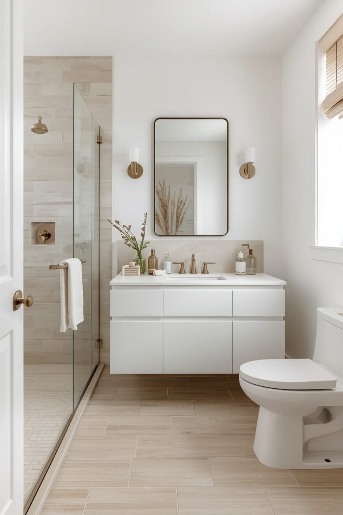 Modern Beige Tile Bathroom with Black Fixtures