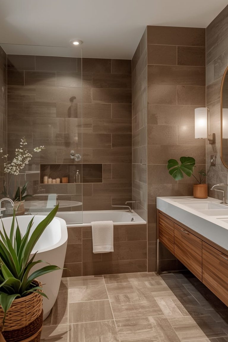 Modern Brown Tile Bathroom Ideas with Minimalist Design