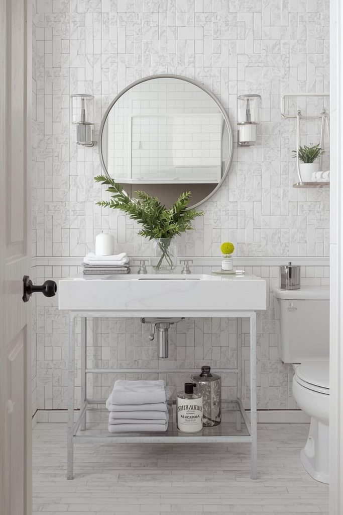 Modern White Tile Bathroom Ideas with Black Fixtures