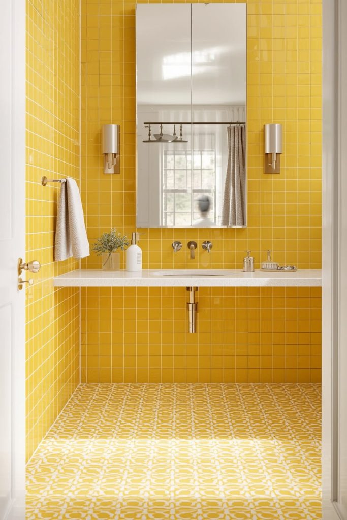 Modern Yellow Tile Bathroom with White Accents