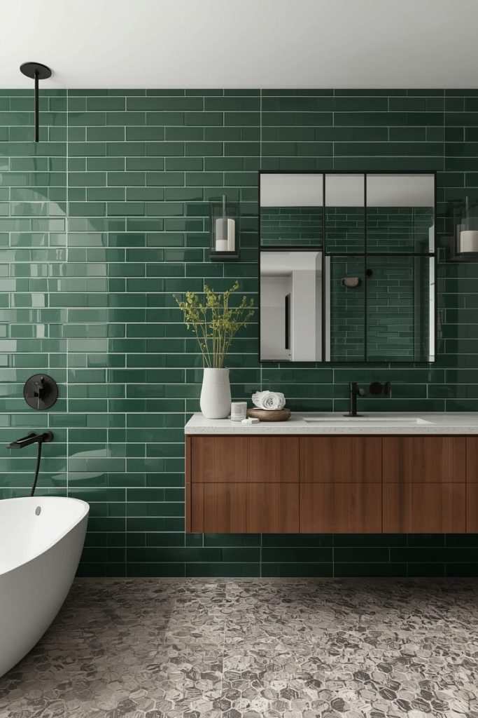 Olive Green Bathroom Tiles with Wood Vanity