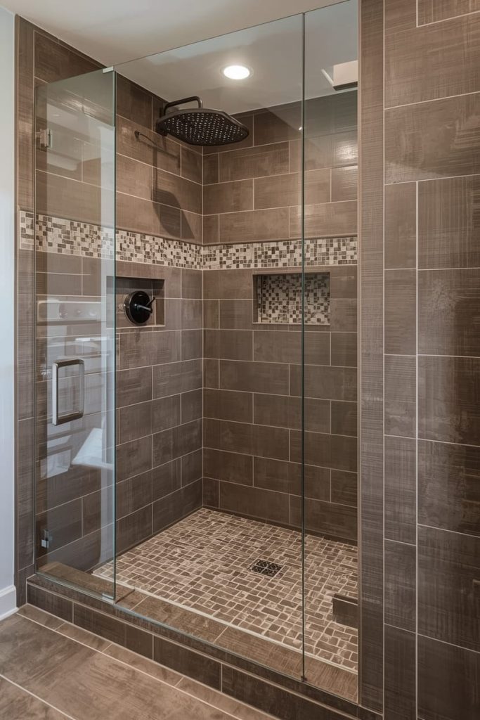 Rustic Brown Tile Bathroom Design
