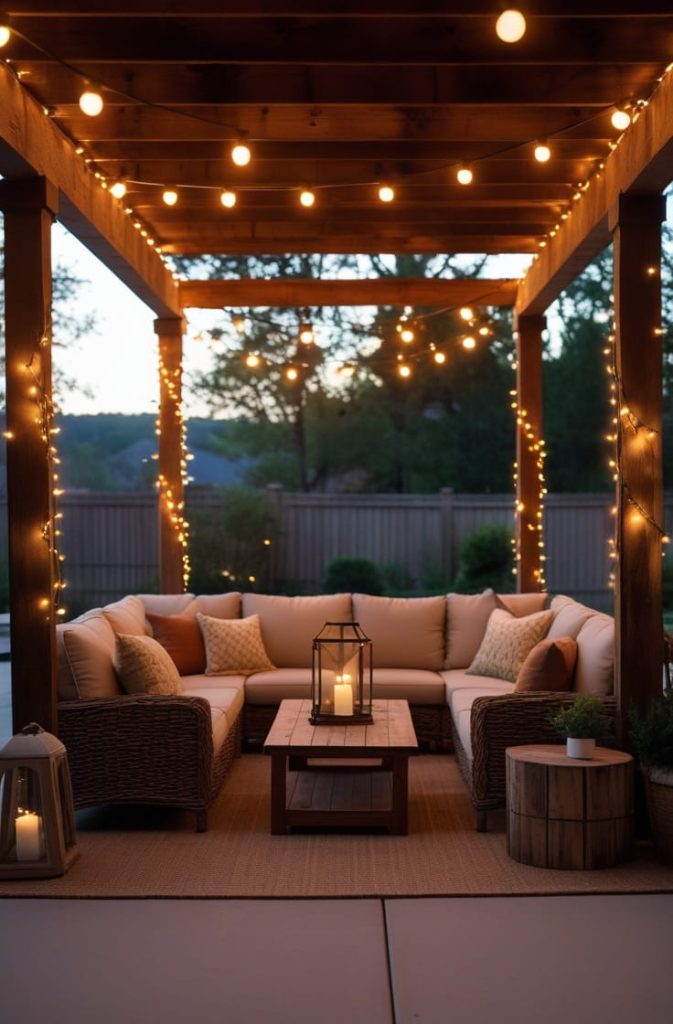 Rustic Covered Patio Ideas with Hanging Plants and Greenery