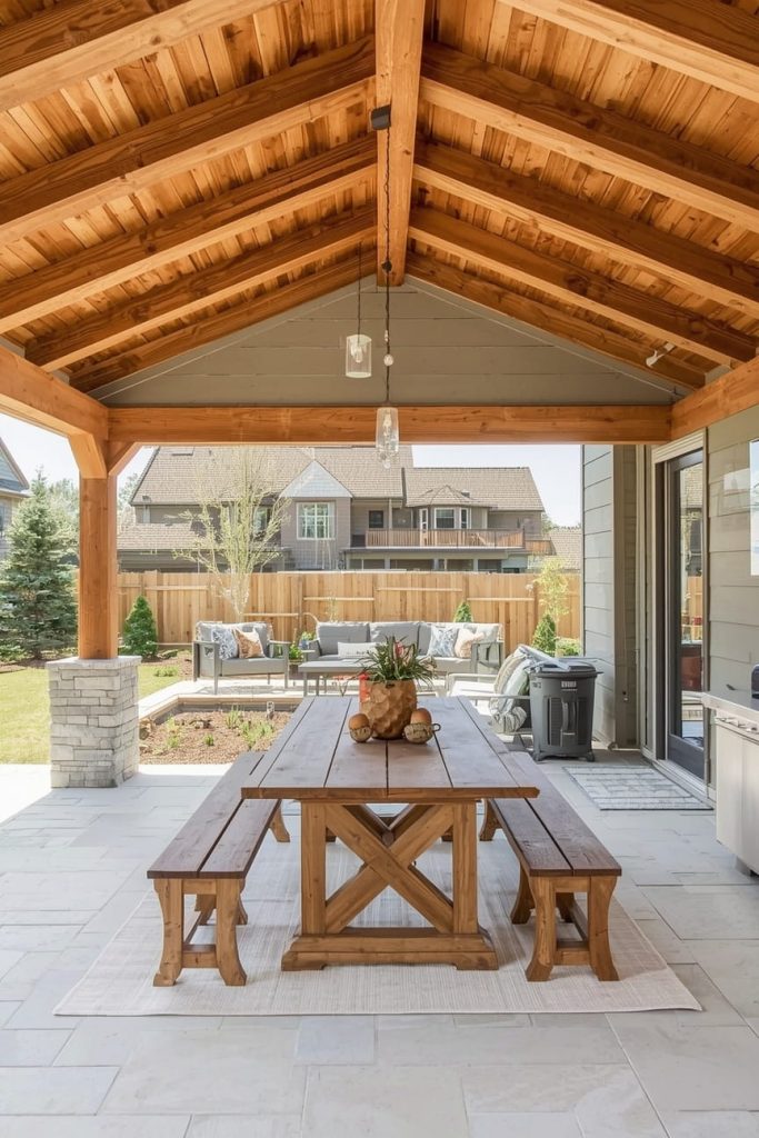 Rustic Covered Patio Ideas with Outdoor Lounge Setup