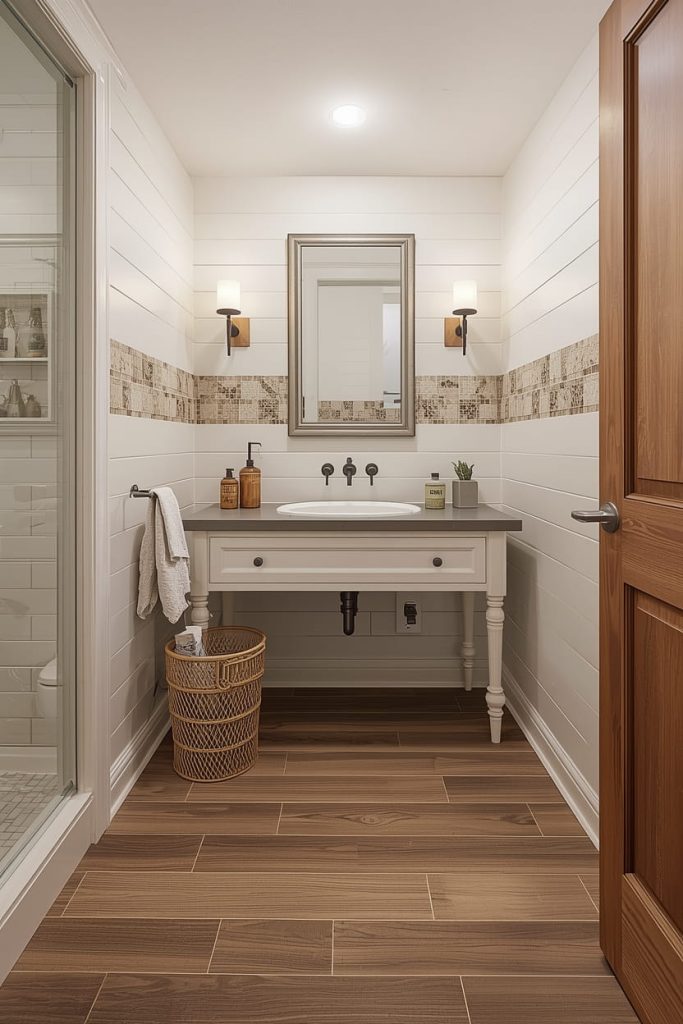 Small Bathroom with Brown Tiles for Cozy Appeal