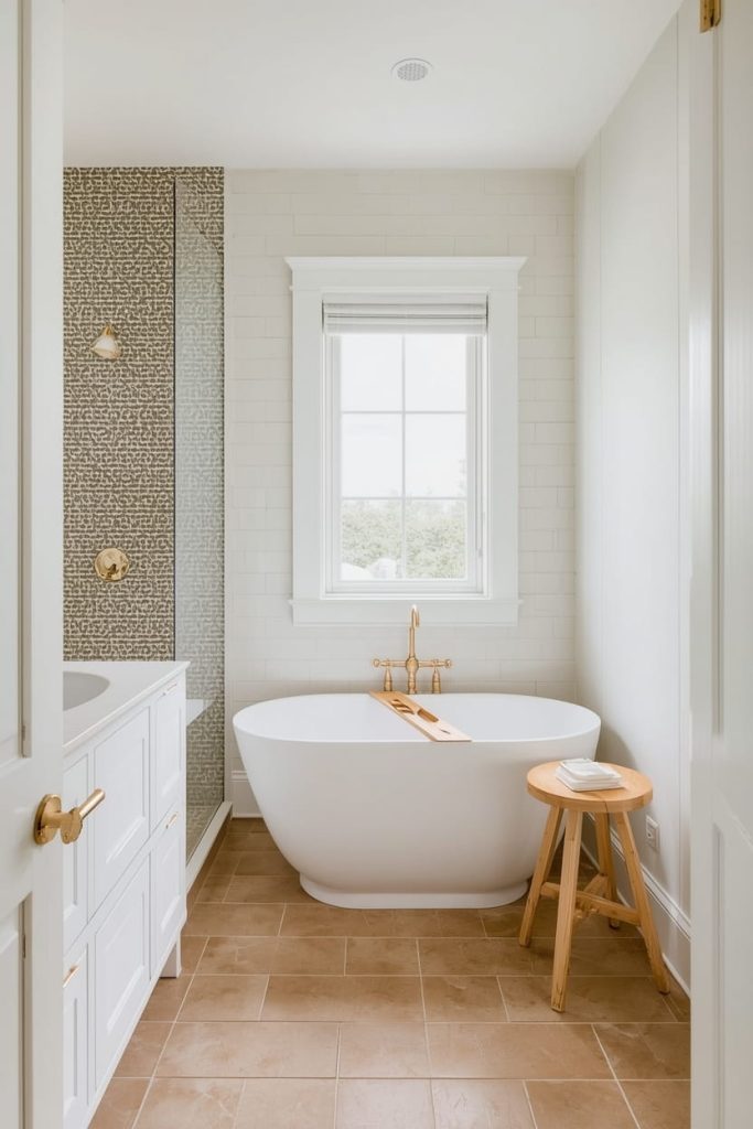 Small Bathroom with Tan Tiles Ideas