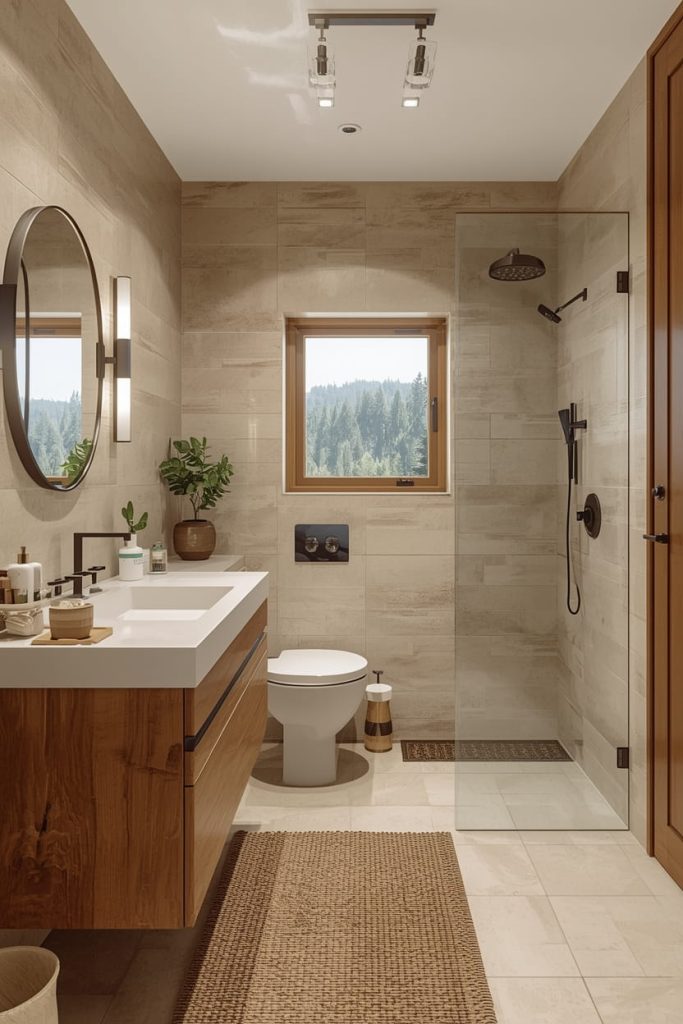 Small Beige Tile Bathroom with Large Format Tiles