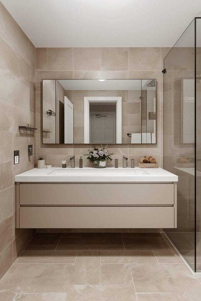 Tan Tile Bathroom with Black Fixtures