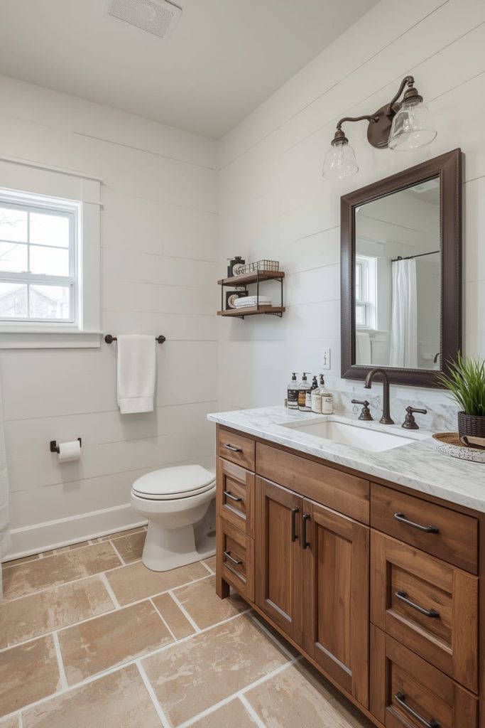 Tan Tile Bathroom with White Vanity