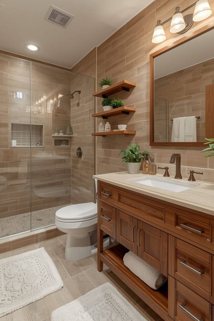 Tan Tile Bathroom with Wood Accents