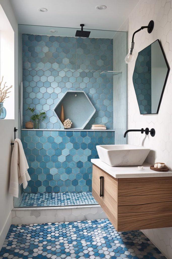 White Coastal Bathroom Tile with Sandy Beige Accents