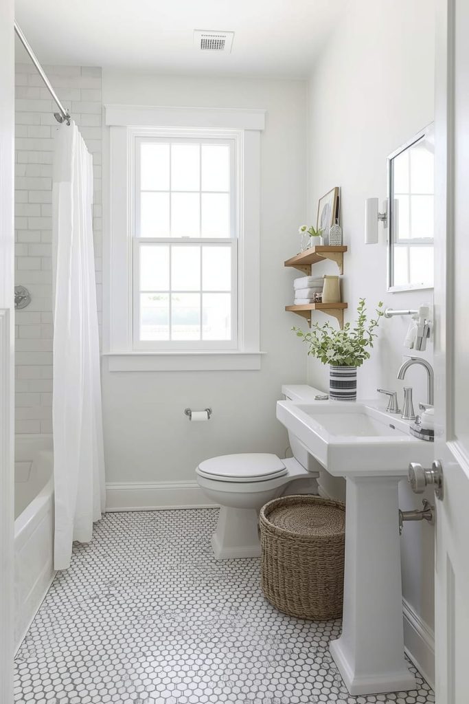 White Tile Bathroom with Wood Accents