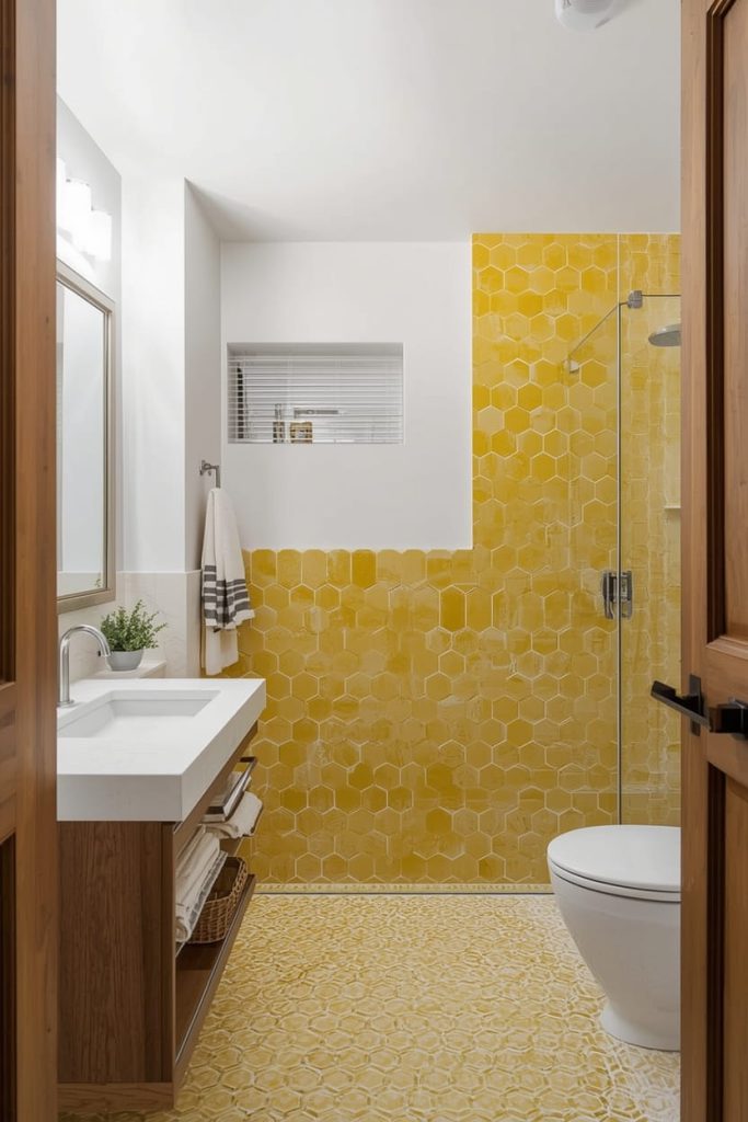 Yellow Mosaic Tile Bathroom for Texture