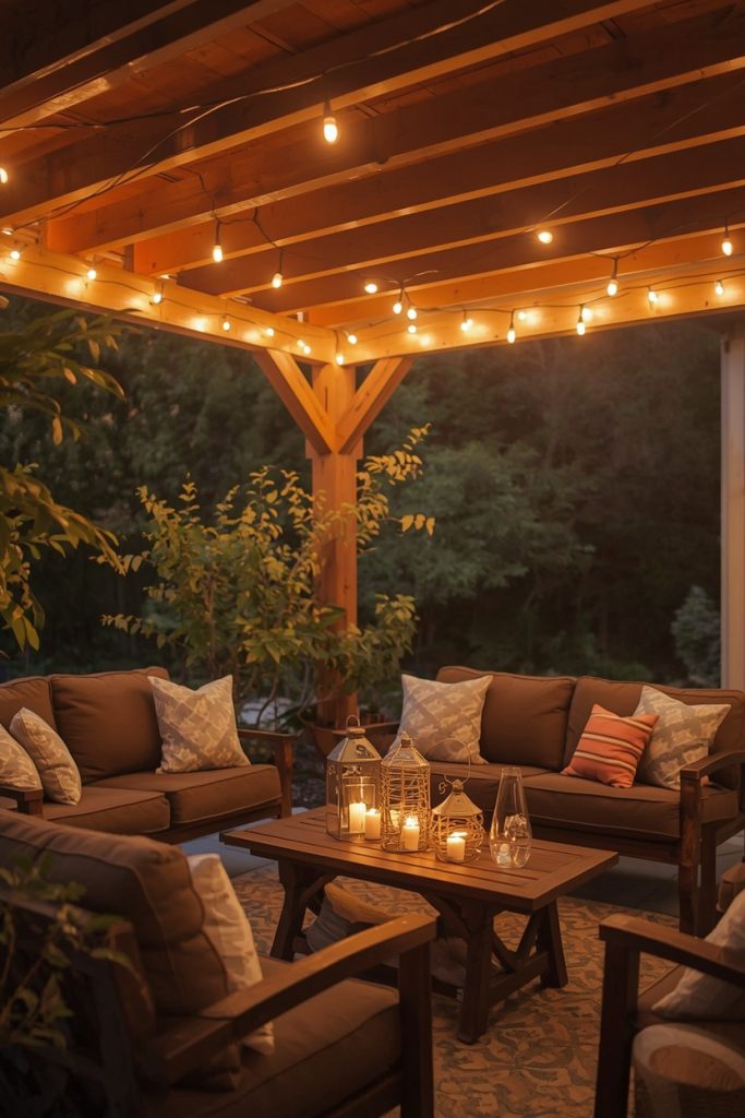 Cozy Covered Patio Ideas with Warm String Lighting
