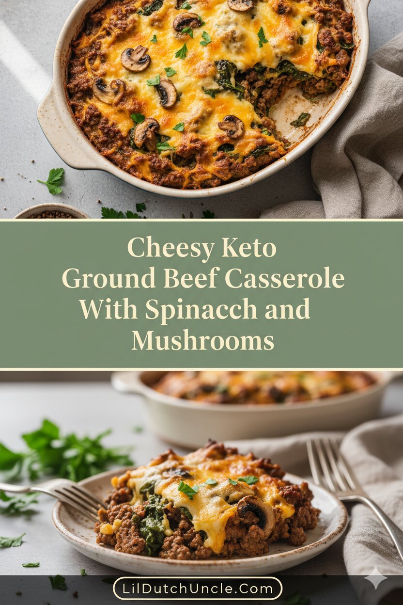 Cheesy Keto Ground Beef Casserole With Spinach and Mushrooms